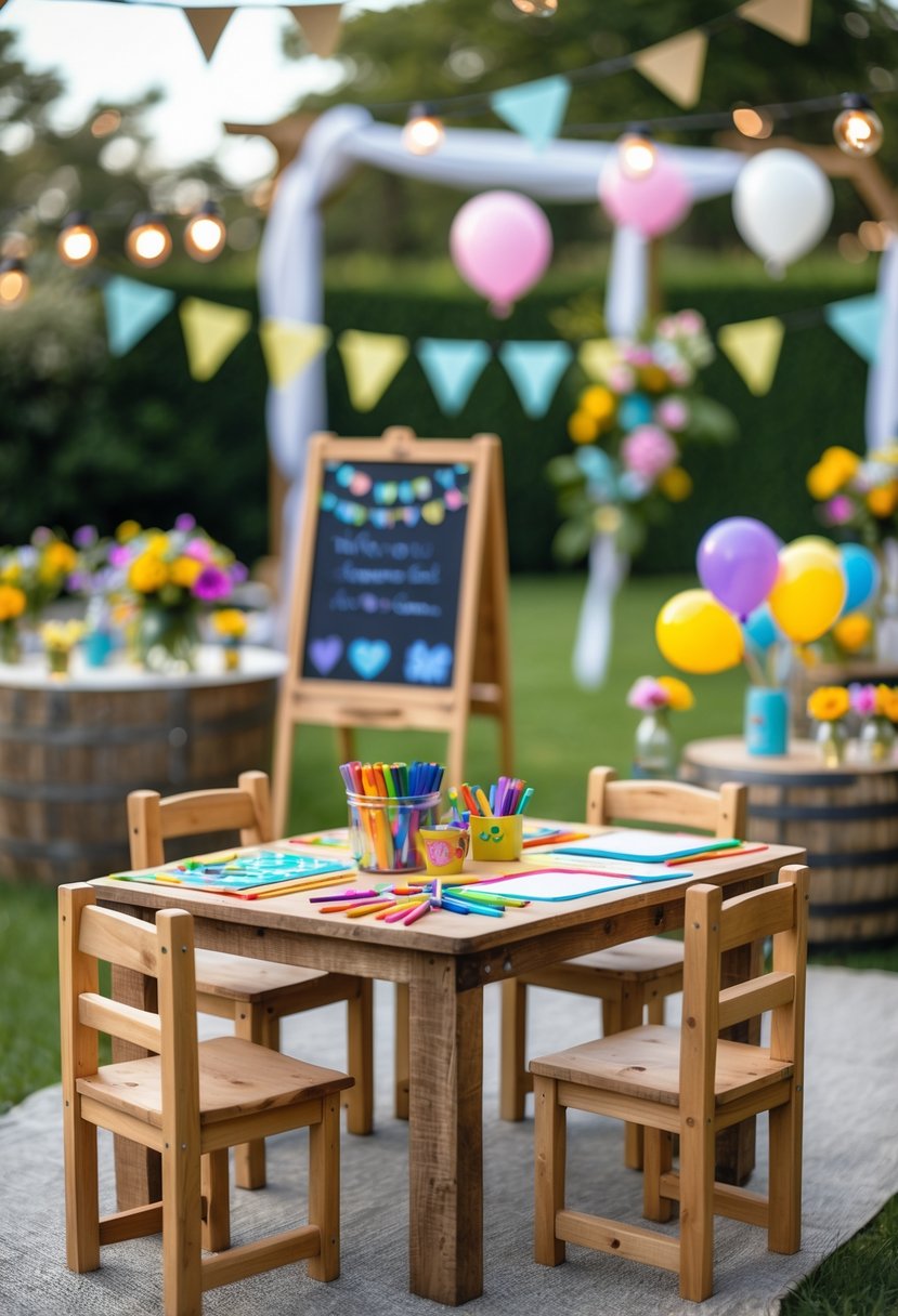 A kids' activity station at a wedding with a table full of art supplies and small chairs, set outdoors with flowers and decorations.