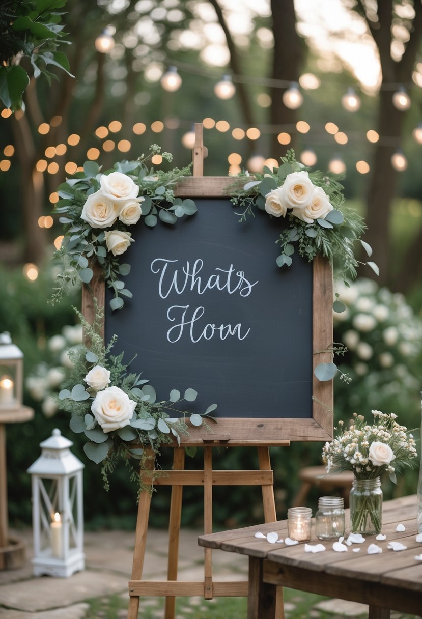 A rustic wooden chalkboard sign decorated with flowers and greenery, displayed outdoors with soft garden lighting and wedding decor around it.