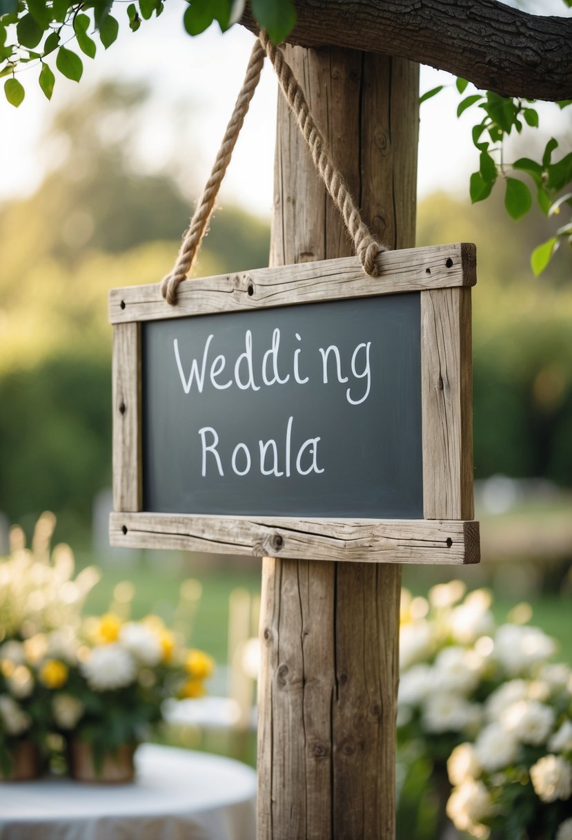 A rustic double-sided hanging chalkboard sign with a wooden frame hanging outdoors at a wedding venue surrounded by greenery and flowers.
