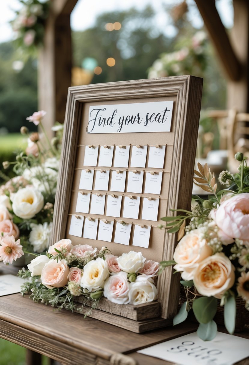 A wedding seating display with organized cards and floral decorations on a wooden table in an outdoor garden setting.