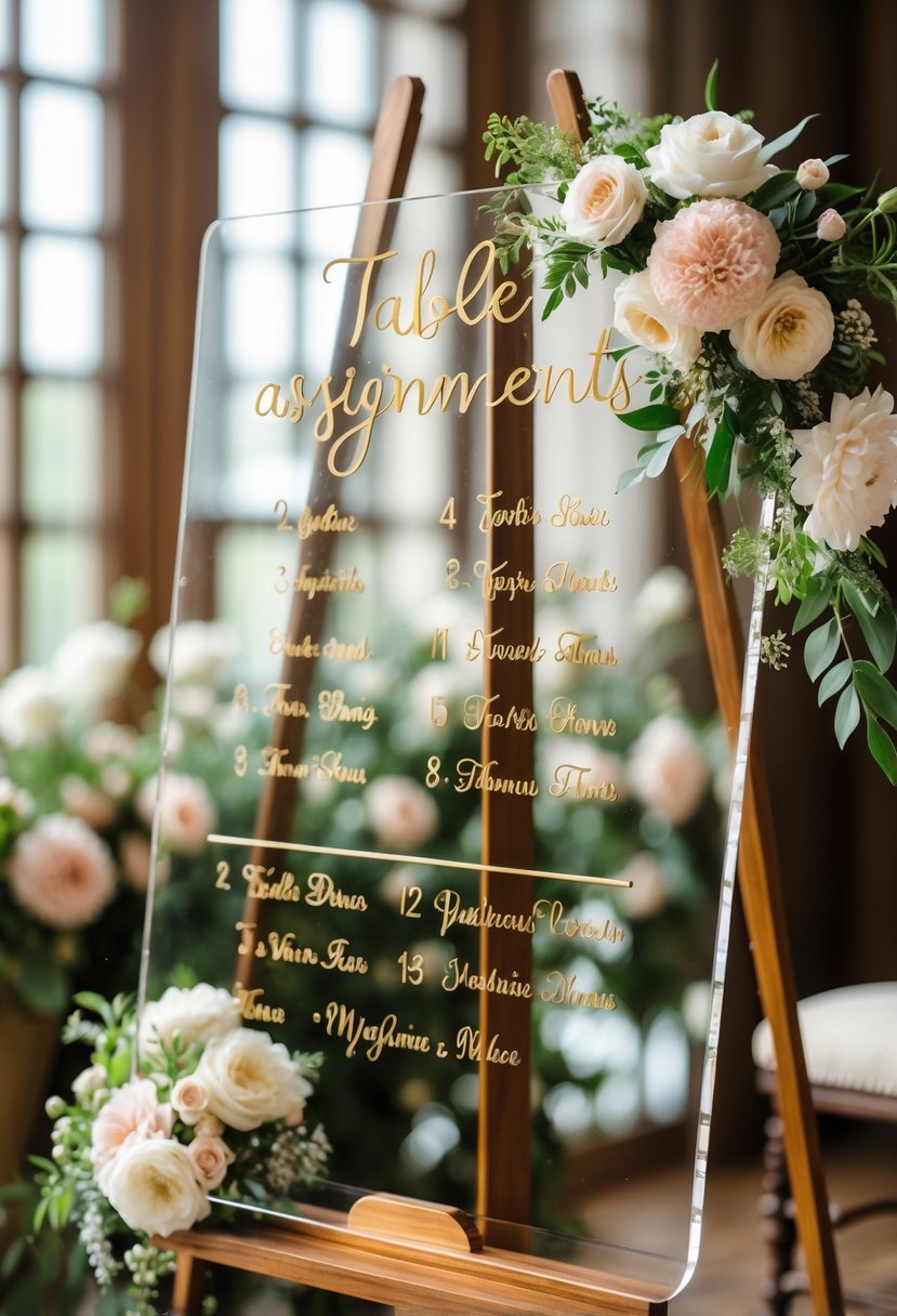 An acrylic seating chart on a wooden easel with gold calligraphy numbers, surrounded by flowers at a wedding venue.