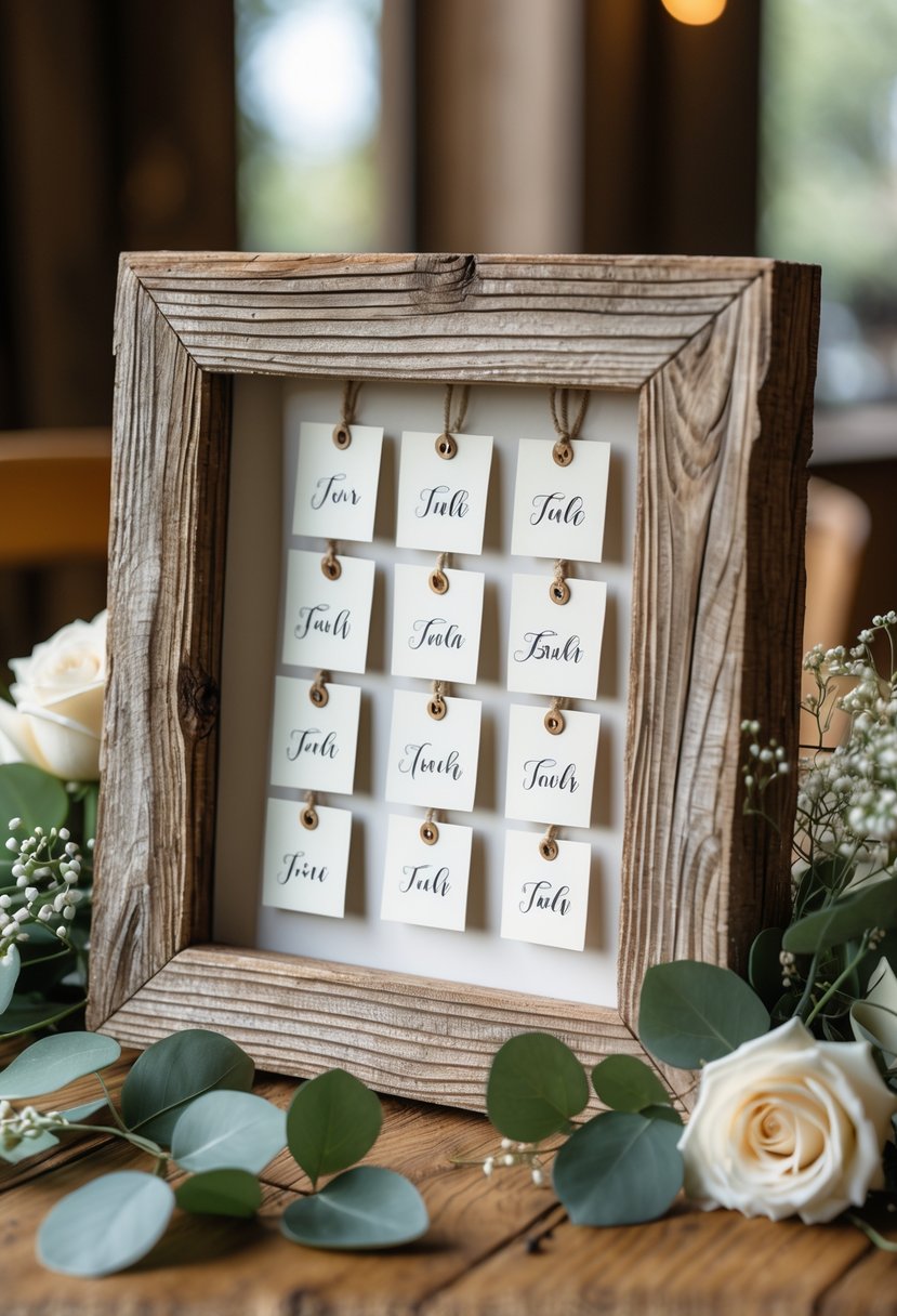 A rustic wooden frame holding decorative cards arranged for a wedding seating arrangement, surrounded by flowers and greenery on a wooden surface.