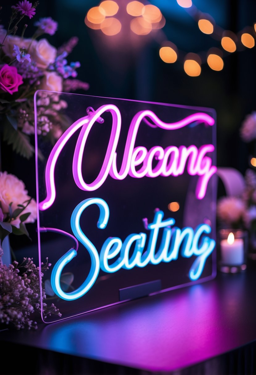 A glowing multicolored neon sign surrounded by wedding decorations and soft lighting.