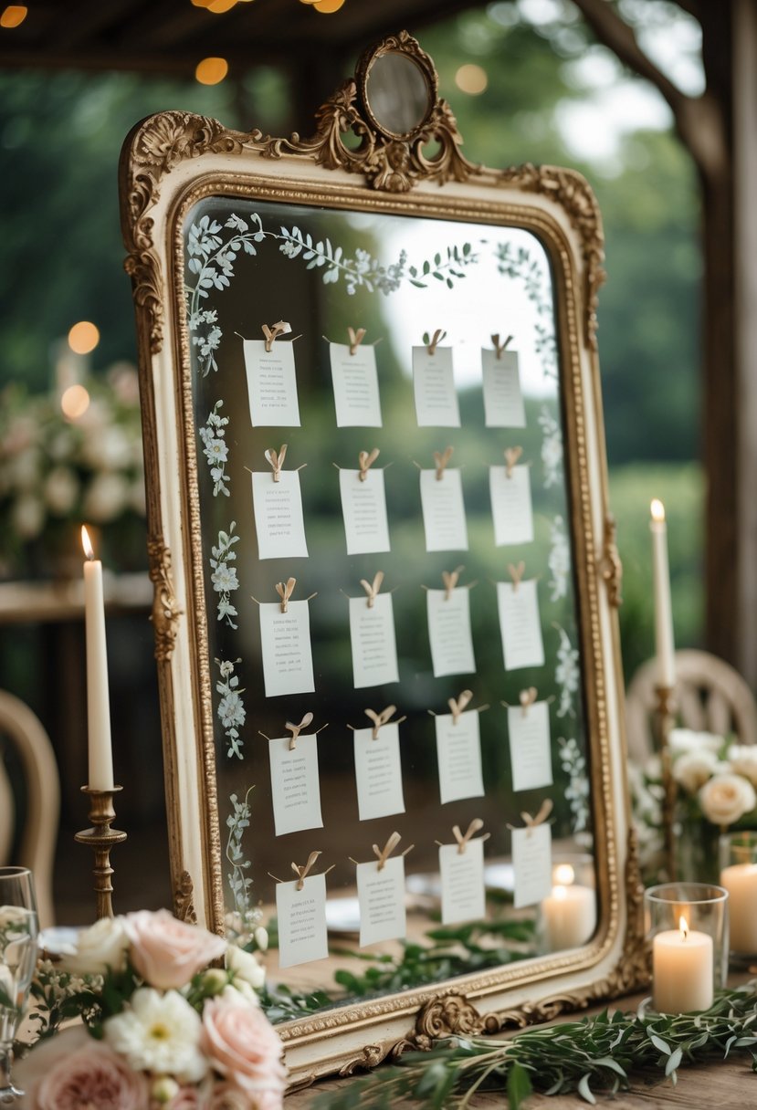 A vintage ornate mirror displayed on a table with floral decorations and candles around it, used as a seating chart at a wedding.