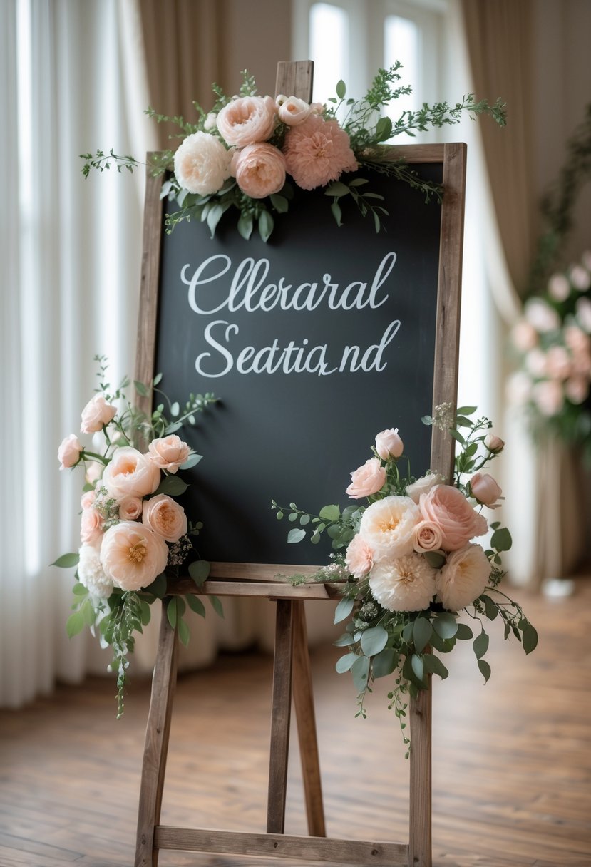 A chalkboard easel decorated with pastel flowers and greenery, standing indoors on a wooden floor.