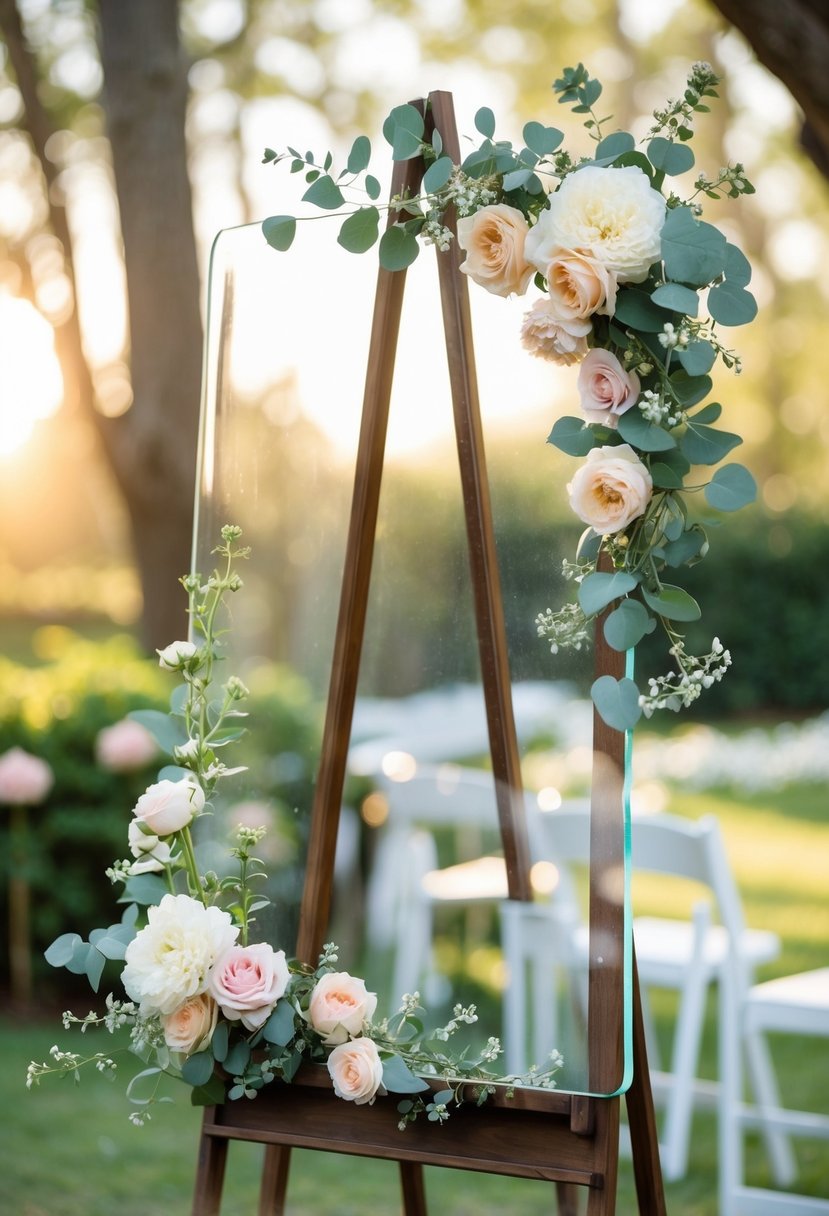 A clear glass panel decorated with pastel flowers on a wooden easel in an outdoor garden setting.