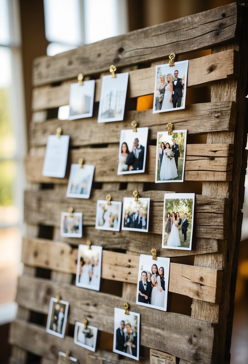 A rustic wooden pallet board with clipped candid wedding photos arranged neatly, used as a seating display.