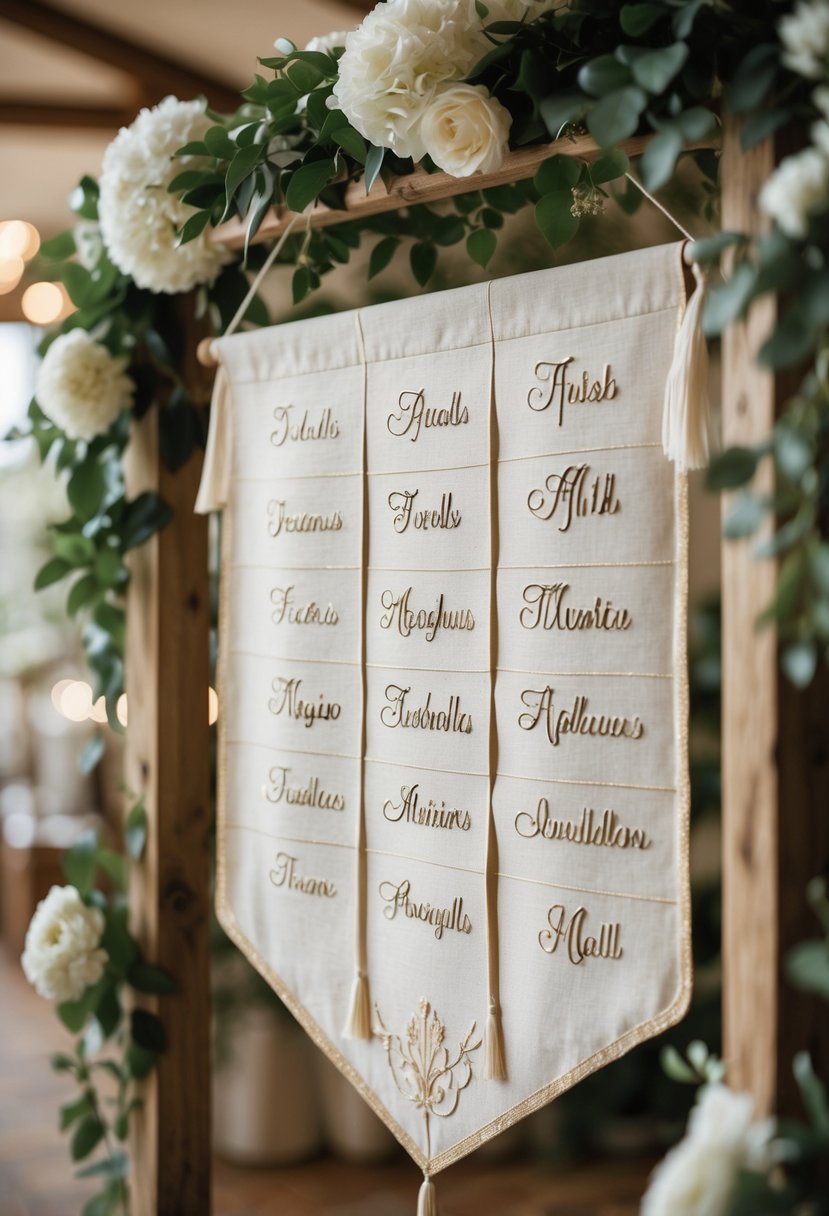 A fabric banner with embroidered guest names displayed at a wedding venue, surrounded by flowers and greenery.