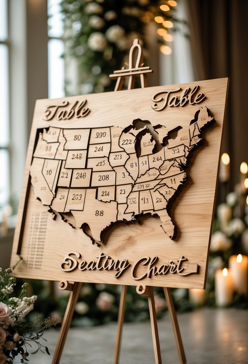 A detailed wooden map showing seating arrangements for a wedding displayed on a stand with decorative flowers around it.