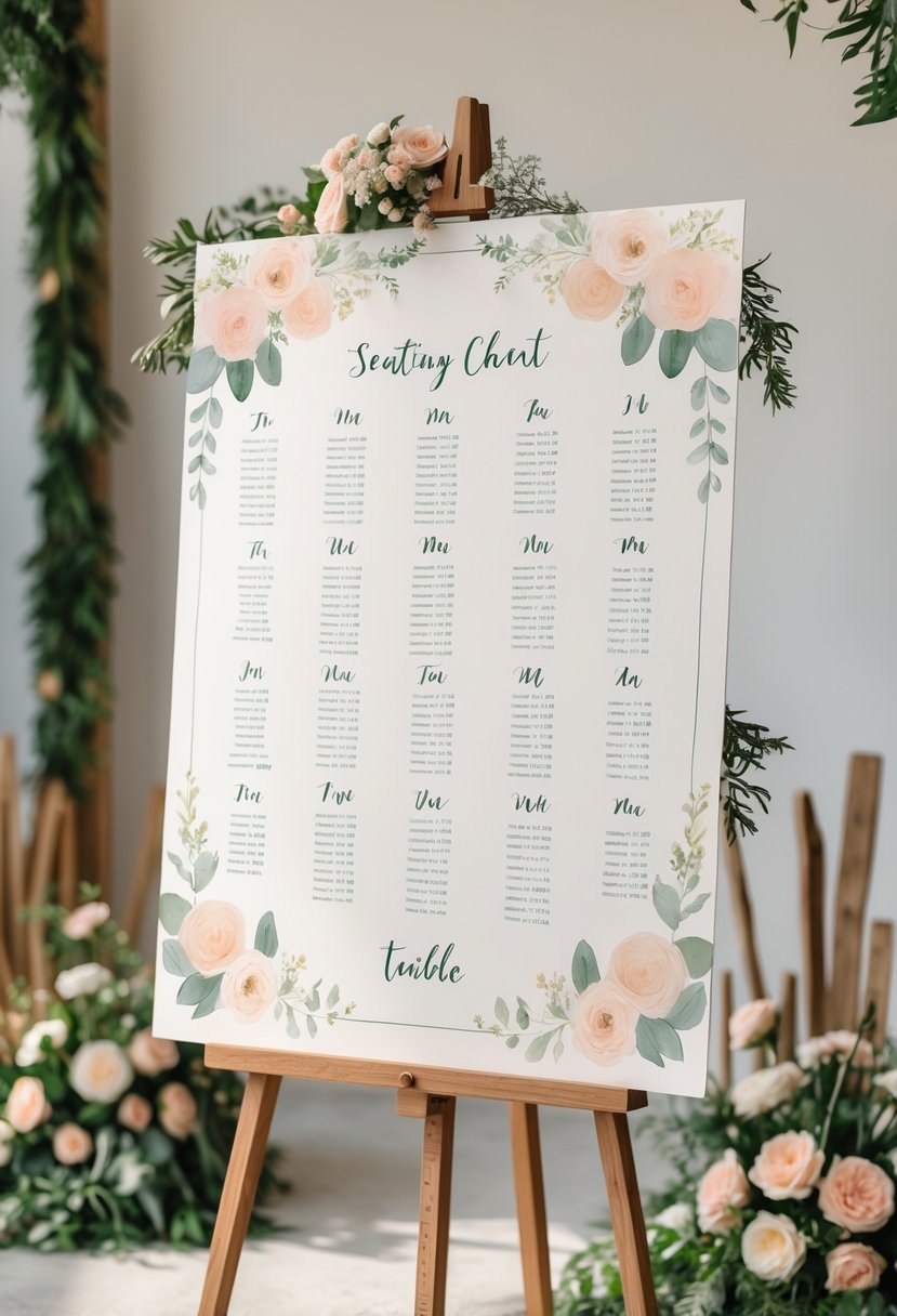 A hand-drawn illustrated wedding seating chart displayed on a wooden easel with floral decorations and rustic accents.
