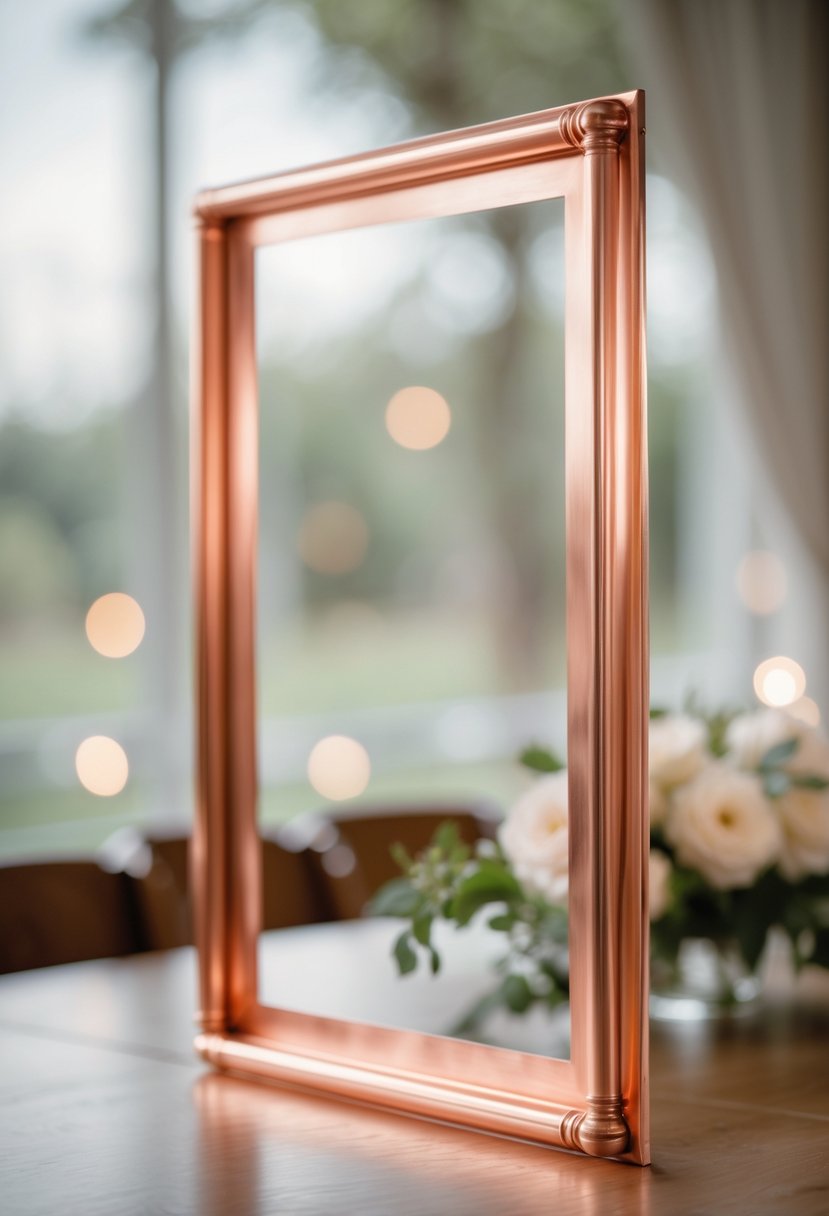 A copper frame on a wooden table displaying a minimalist wedding seating arrangement sign with a softly blurred background.