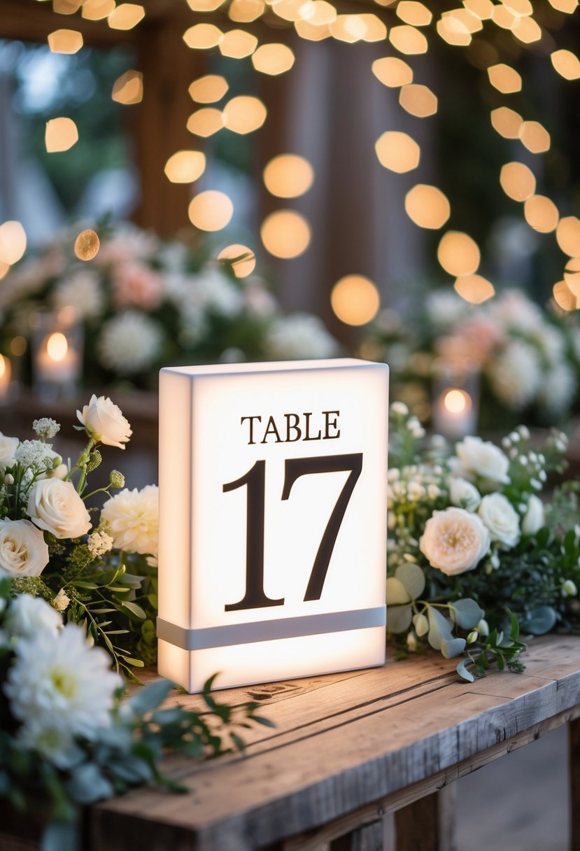 Lightbox sign showing the number 17 on a wooden table surrounded by wedding decorations and soft lighting.