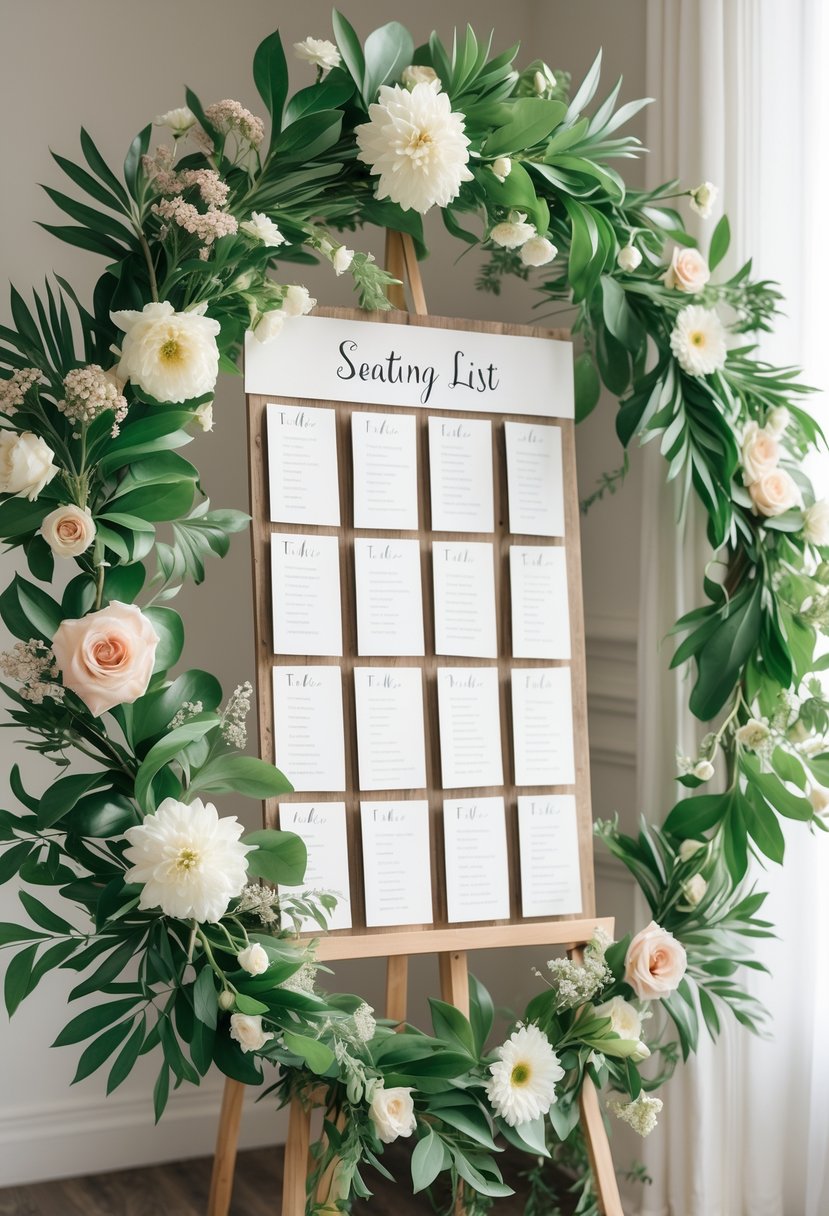 A botanical wreath of green leaves and white flowers surrounding a seating list display for a wedding.
