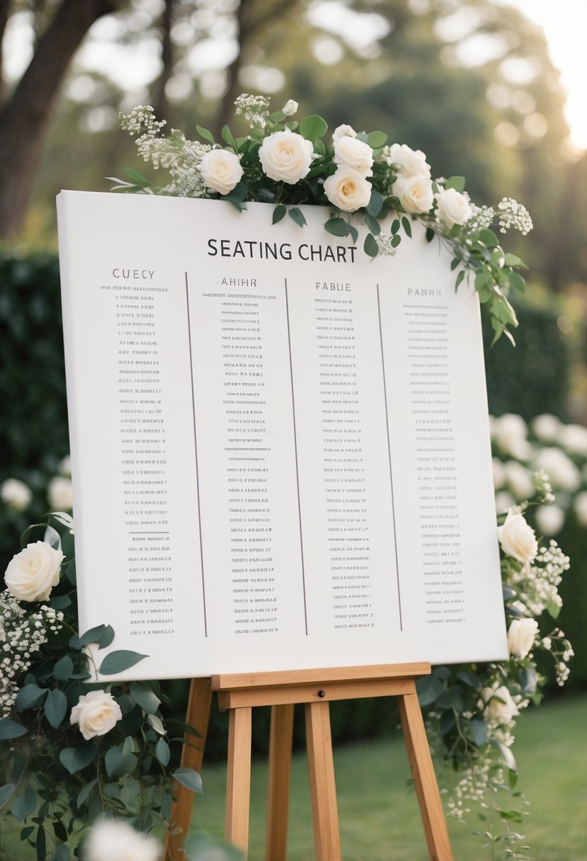 A canvas seating chart on an easel surrounded by flowers at a wedding venue.