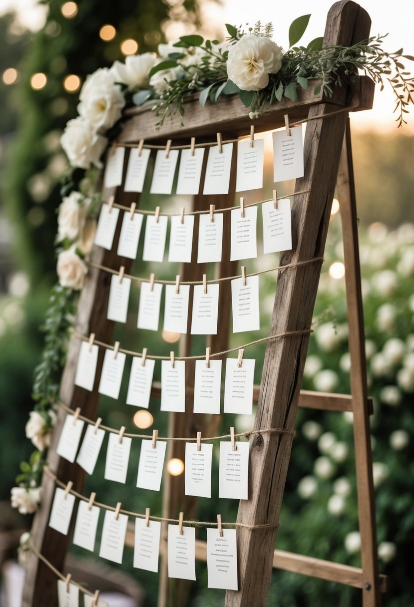 A wooden ladder outdoors with small cards hanging on its rungs, surrounded by flowers and greenery, used as a wedding seating chart display.