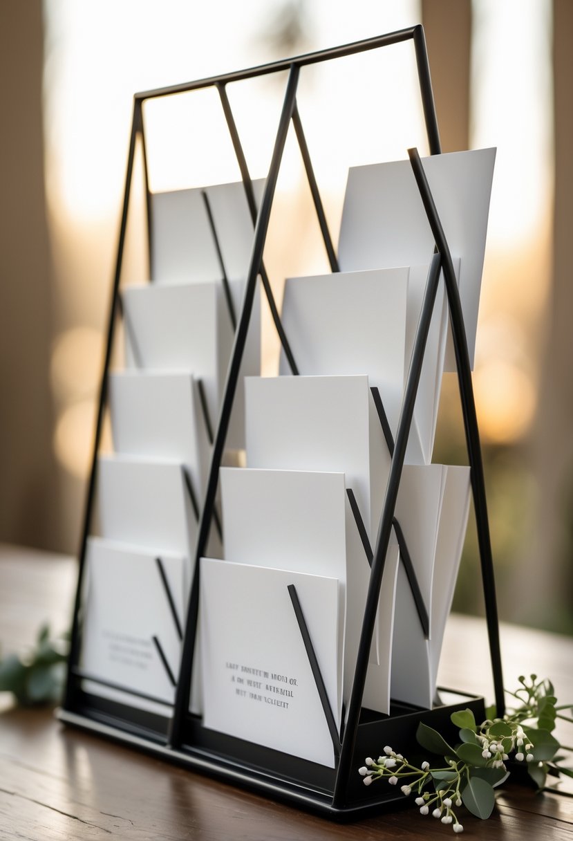 A modern geometric metal frame holding multiple white cards arranged on a wooden table with soft natural lighting and floral accents.