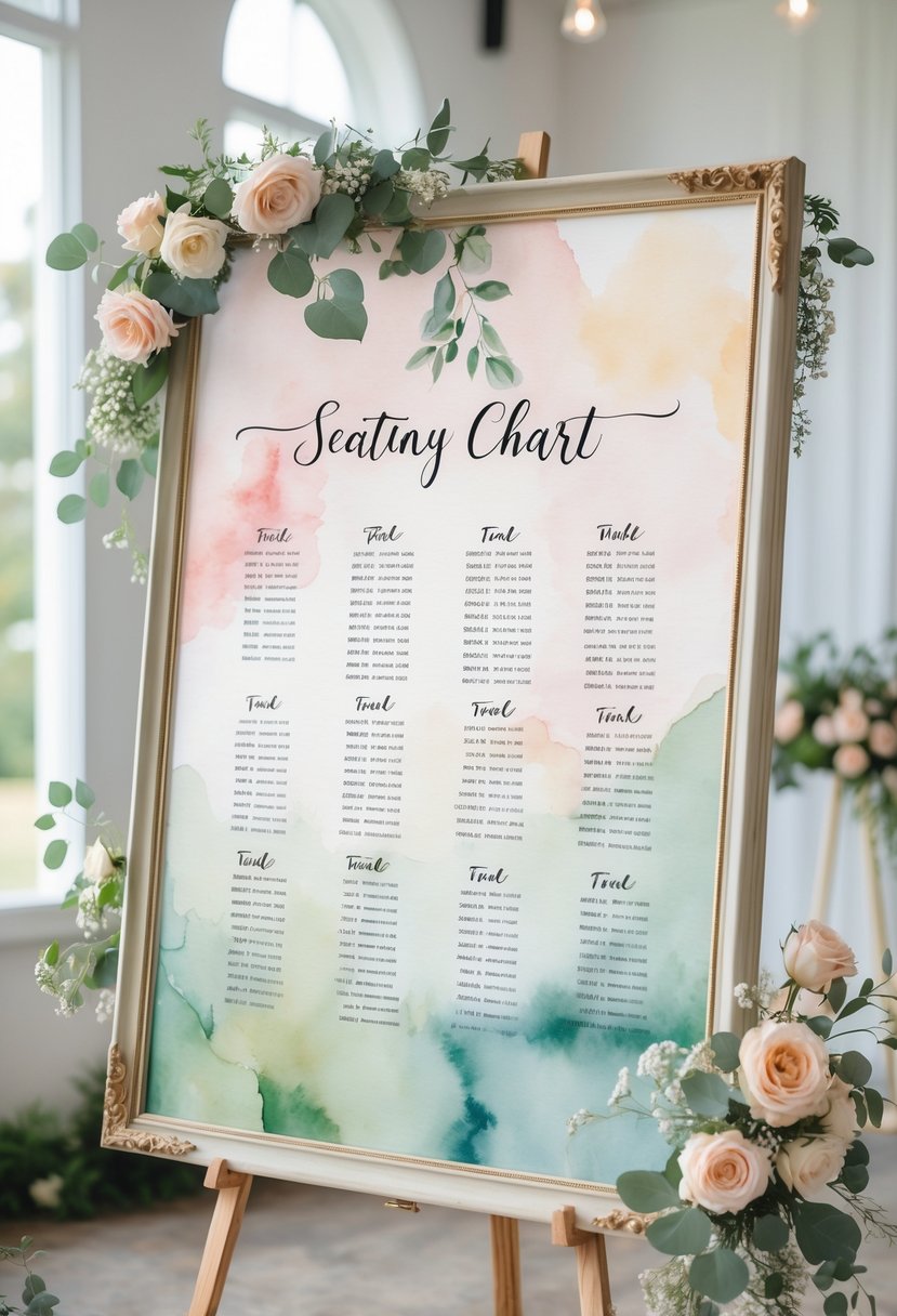 A framed seating chart with a pastel watercolor background displayed on a wooden easel, surrounded by floral decorations.
