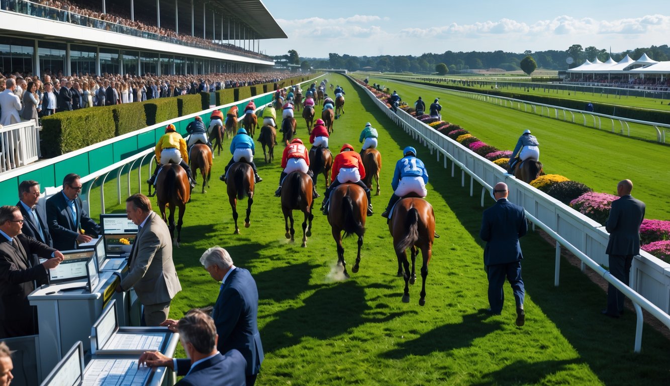 Suasana turnamen judi balap kuda internasional dengan penonton, joki, dan kuda yang sedang berlomba di lintasan hijau.