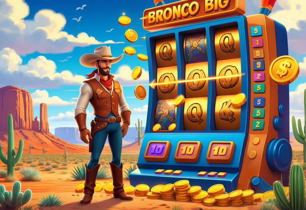 Seorang koboi berdiri di sebelah mesin slot besar dengan latar belakang pemandangan gurun dan kaktus, dikelilingi oleh koin emas yang berkilauan.