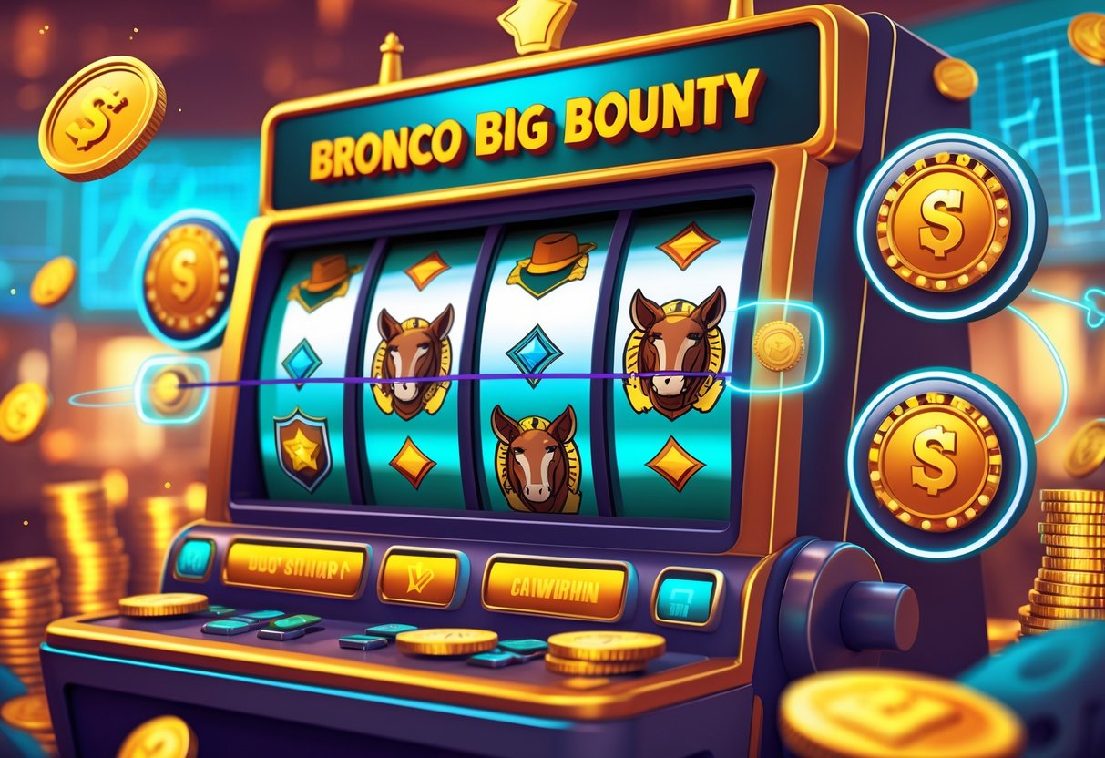 Ilustrasi mesin slot dengan simbol kuda liar, topi koboi, lencana sheriff, dan koin emas yang berputar, dikelilingi garis-garis yang menunjukkan pola kemenangan dan ikon strategi permainan.