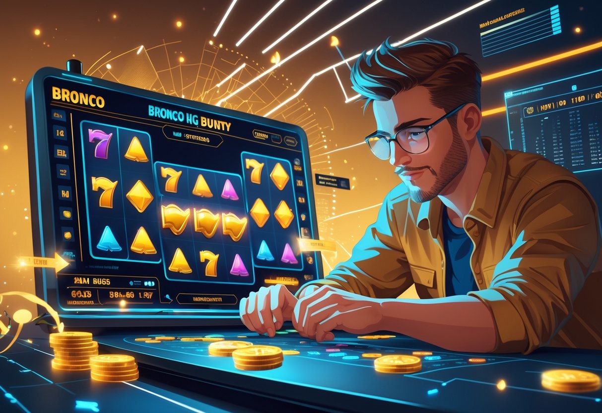 Seorang pemain fokus mengamati mesin slot digital dengan simbol berputar dan elemen grafis yang menunjukkan pola dan strategi kemenangan.