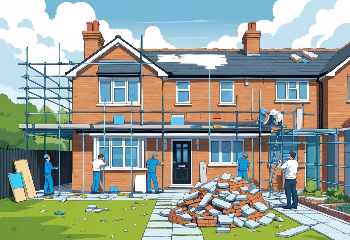 A British house under renovation showing workers making common renovation mistakes like incorrect measurements, uneven paint, wasted materials, miscommunication, uneven paving, and leaking gutters.