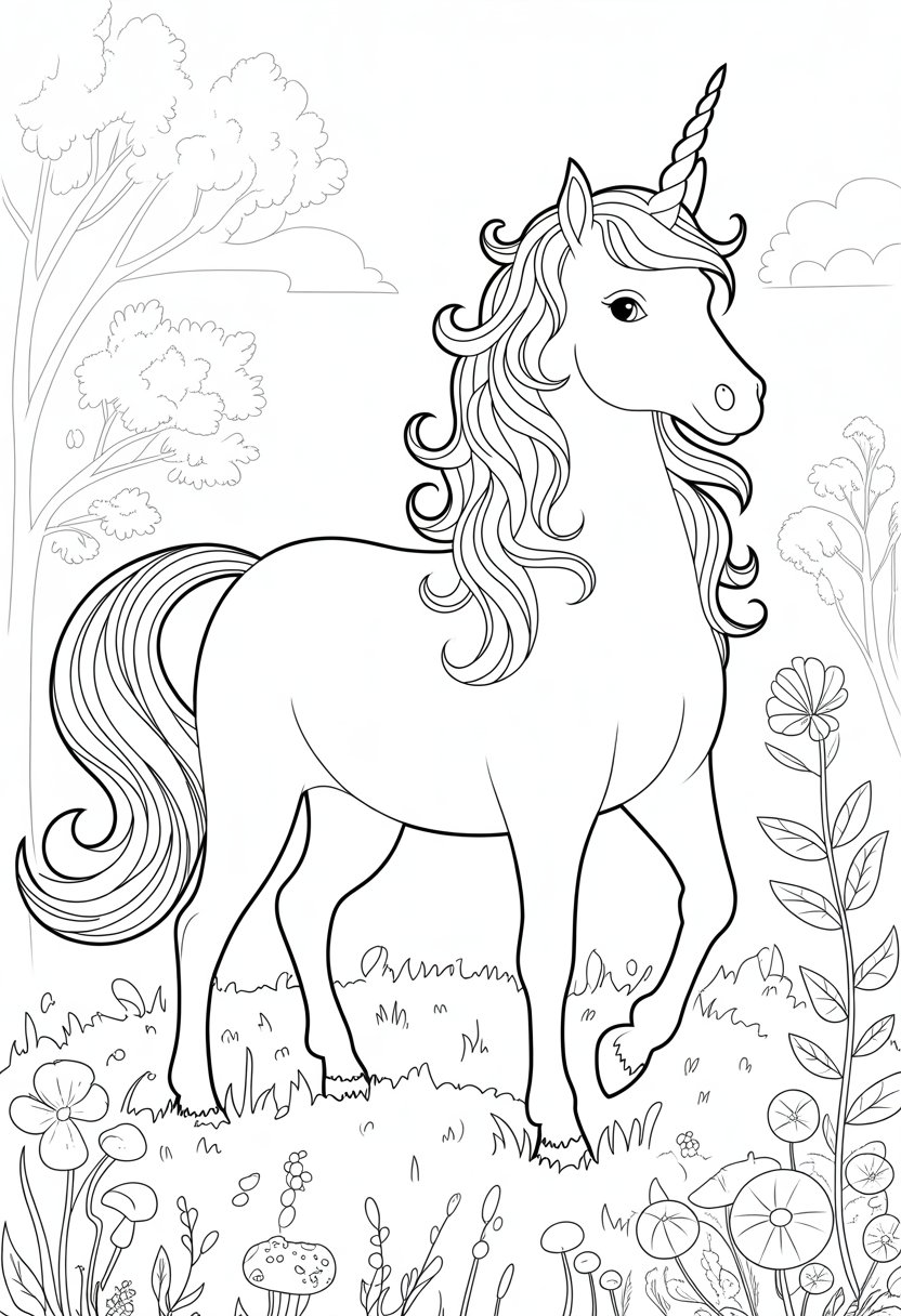 Unicorn Coloring Pages: Top 20 Creative Designs for All Ages 2 A unicorn standing in a forest clearing surrounded by flowers, leaves, and trees.