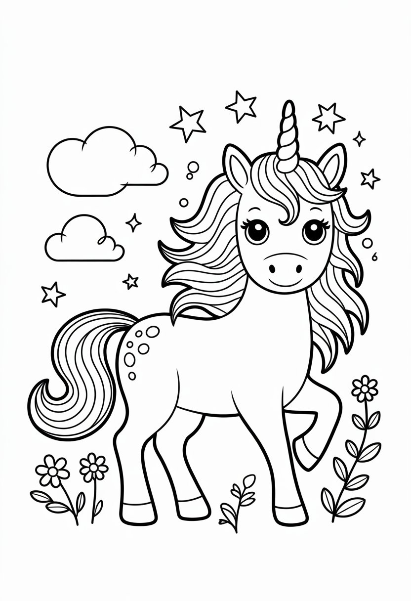 Unicorn Coloring Pages: Top 20 Creative Designs for All Ages 24 A cute unicorn standing with a flowing mane and tail surrounded by stars, clouds, and flowers.