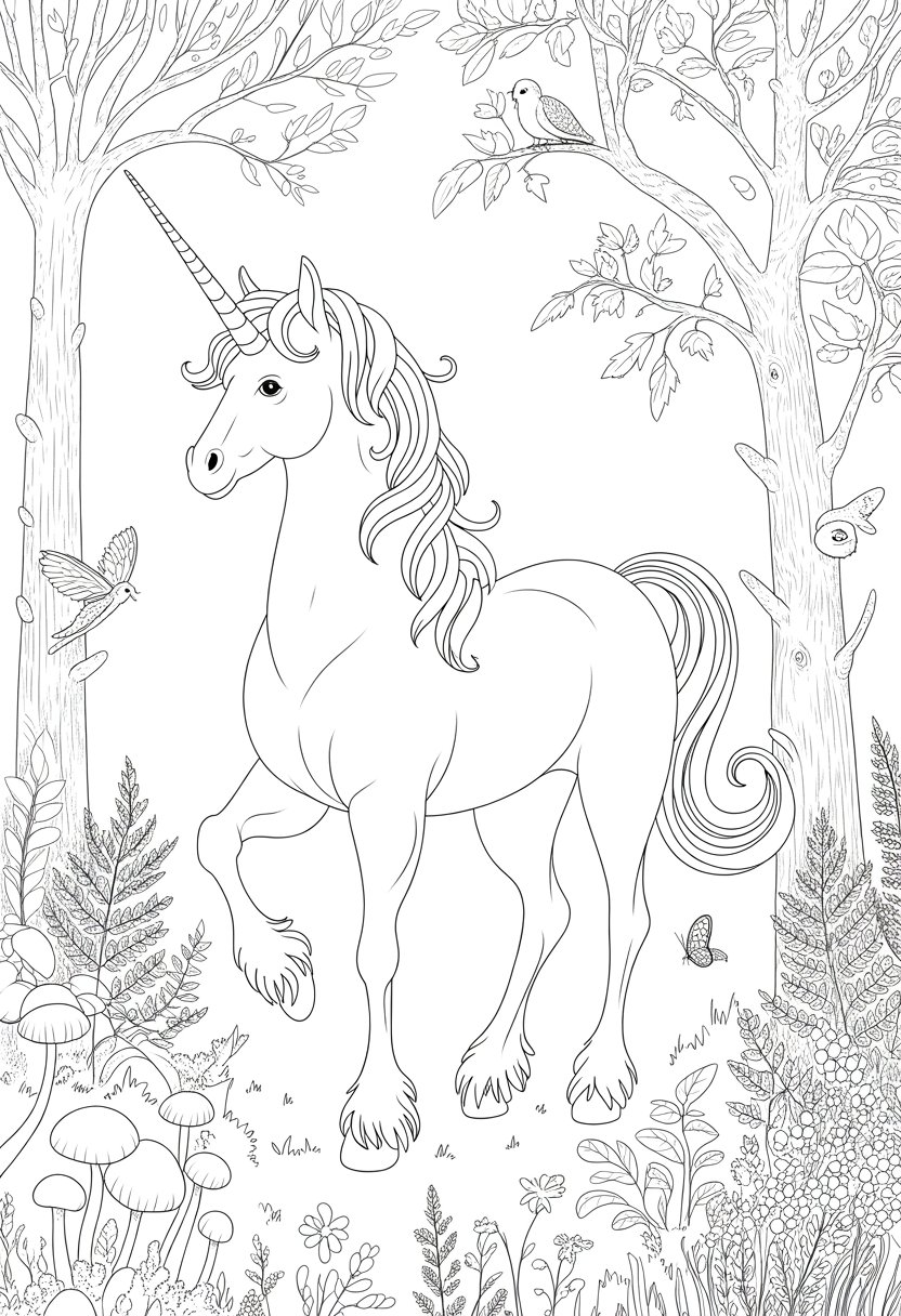 Unicorn Coloring Pages: Top 20 Creative Designs for All Ages 25 A unicorn standing in a forest surrounded by trees, plants, birds, butterflies, and mushrooms.
