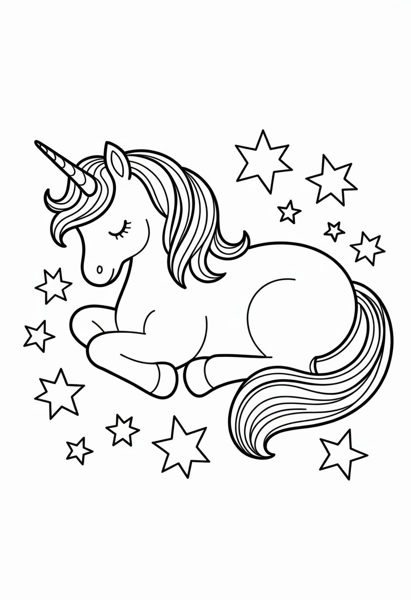 Unicorn Coloring Pages: Top 20 Creative Designs for All Ages 26 A sleeping unicorn curled up surrounded by stars.