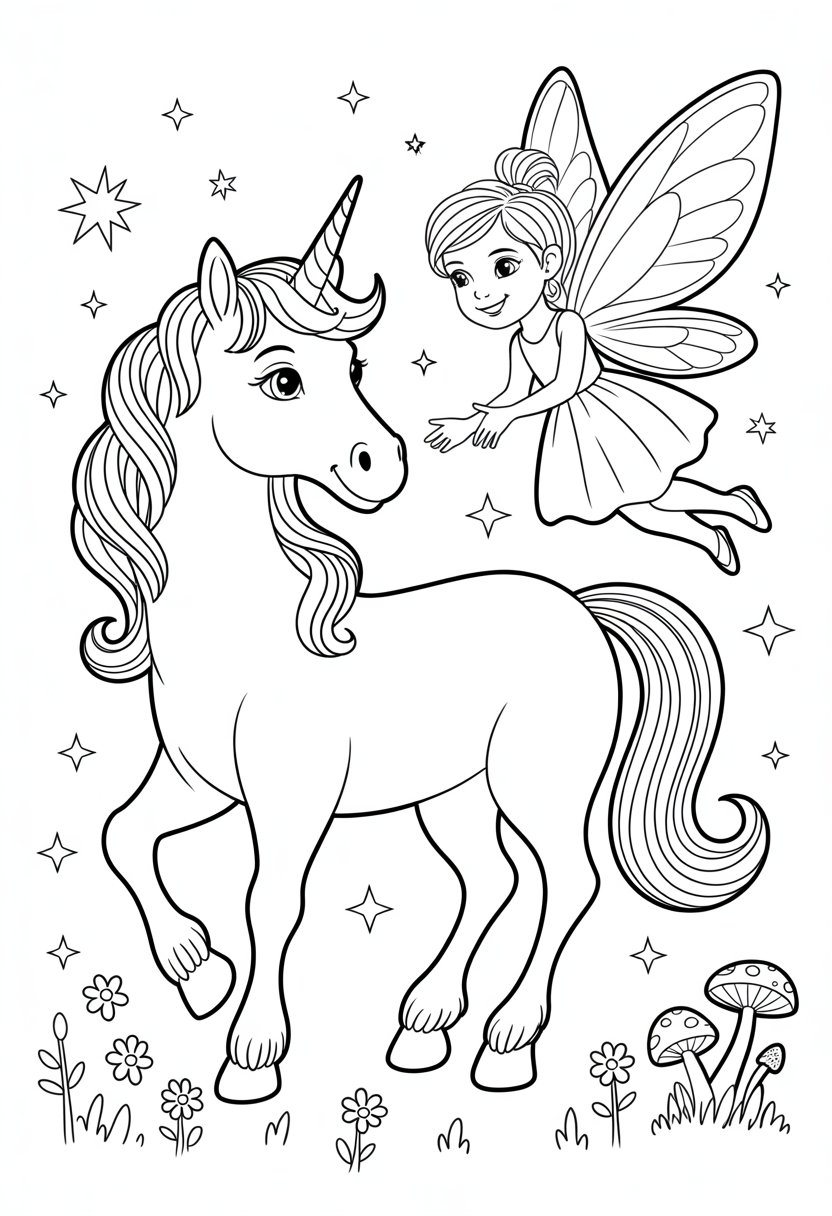 Unicorn Coloring Pages: Top 20 Creative Designs for All Ages 27 A unicorn standing next to a fairy with wings surrounded by flowers, mushrooms, and stars.