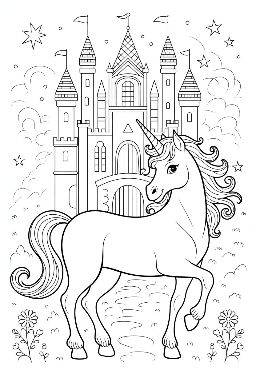 Unicorn Coloring Pages: Top 20 Creative Designs for All Ages 28 A unicorn standing in front of a magical castle with towers and flags, surrounded by stars, clouds, and flowers.