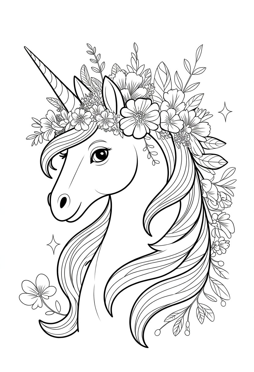 Unicorn Coloring Pages: Top 20 Creative Designs for All Ages 29 A unicorn wearing a floral crown, standing calmly with flowers around it.