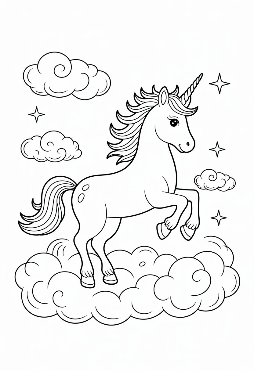 Unicorn Coloring Pages: Top 20 Creative Designs for All Ages 30 A unicorn dancing on fluffy clouds surrounded by stars.