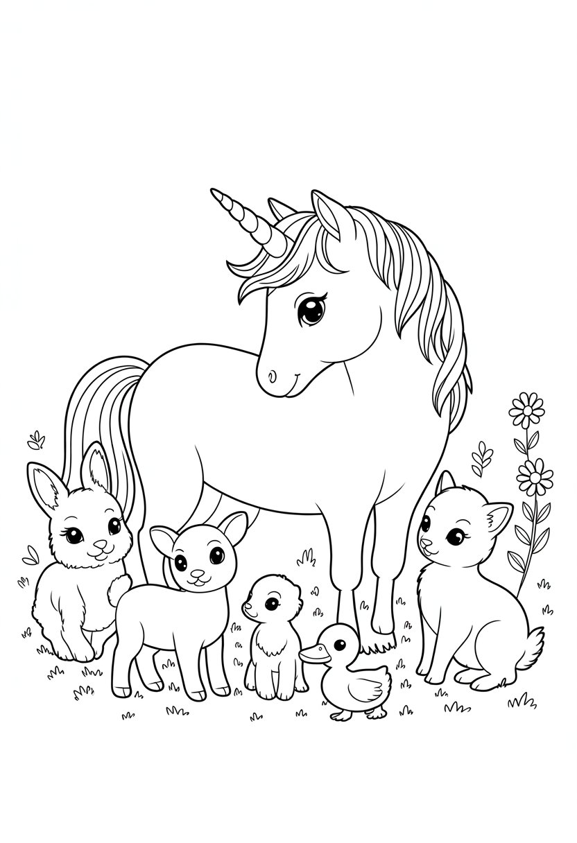 Unicorn Coloring Pages: Top 20 Creative Designs for All Ages 31 A unicorn standing surrounded by a bunny, fawn, kitten, and duckling in a peaceful outdoor scene with flowers.