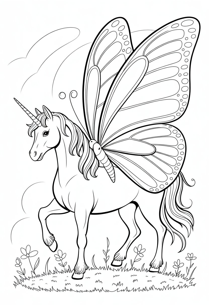 Unicorn Coloring Pages: Top 20 Creative Designs for All Ages 32 A unicorn standing on grass with butterfly wings and flowers around its hooves.
