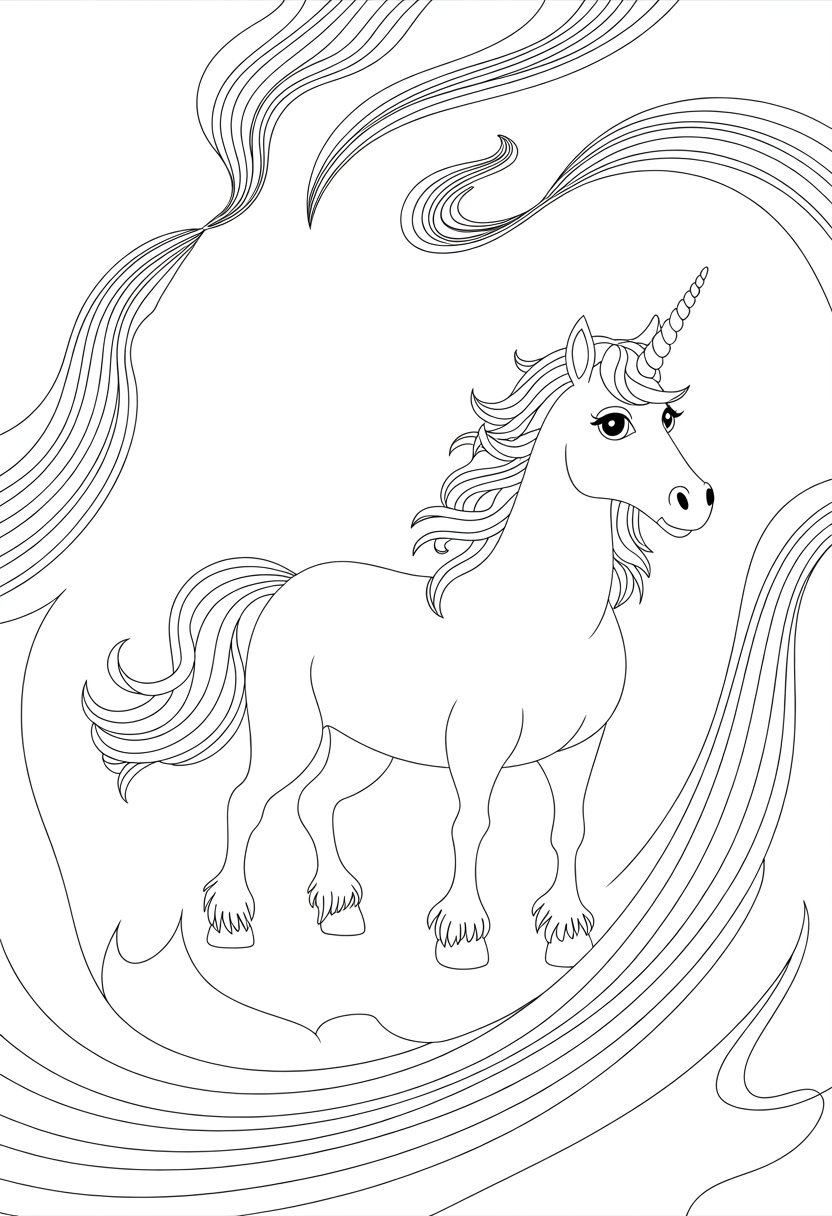 Unicorn Coloring Pages: Top 20 Creative Designs for All Ages 33 A unicorn standing with flowing mane and tail surrounded by swirling rainbow trails.