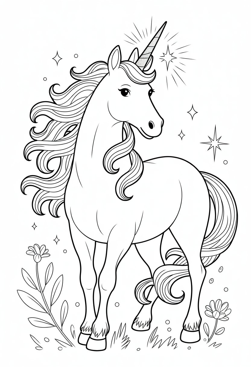 Unicorn Coloring Pages: Top 20 Creative Designs for All Ages 34 A unicorn standing with a flowing mane and a sparkling horn surrounded by flowers and sparkles.