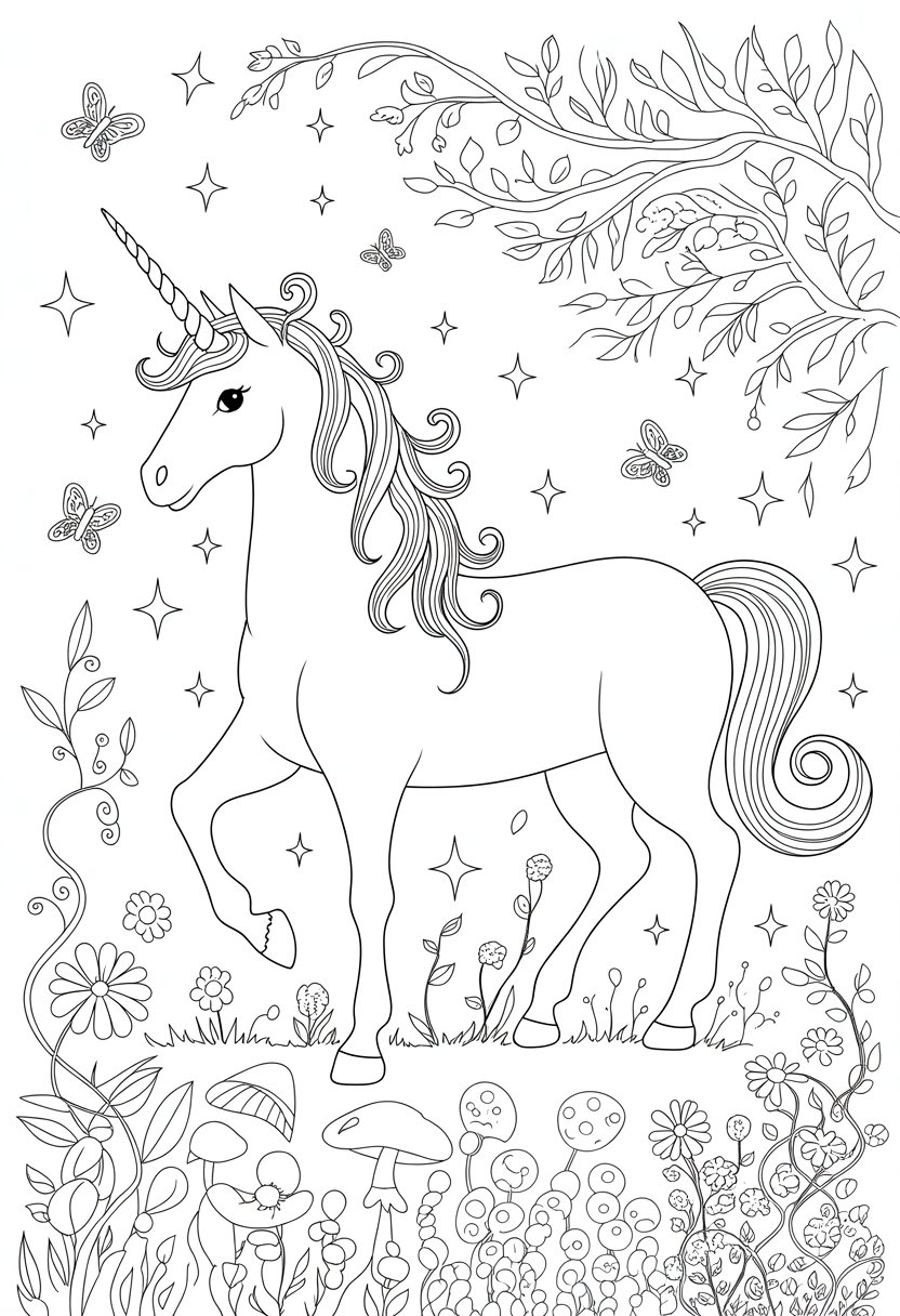 Unicorn Coloring Pages: Top 20 Creative Designs for All Ages 35 A unicorn standing in a garden surrounded by flowers, vines, trees, mushrooms, and butterflies.