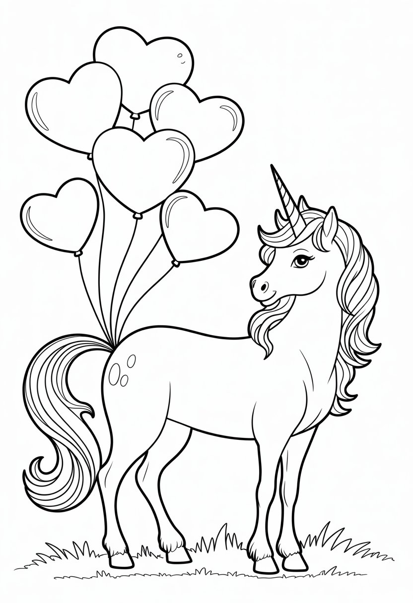 Unicorn Coloring Pages: Top 20 Creative Designs for All Ages 36 A unicorn standing with several heart-shaped balloons floating above it.