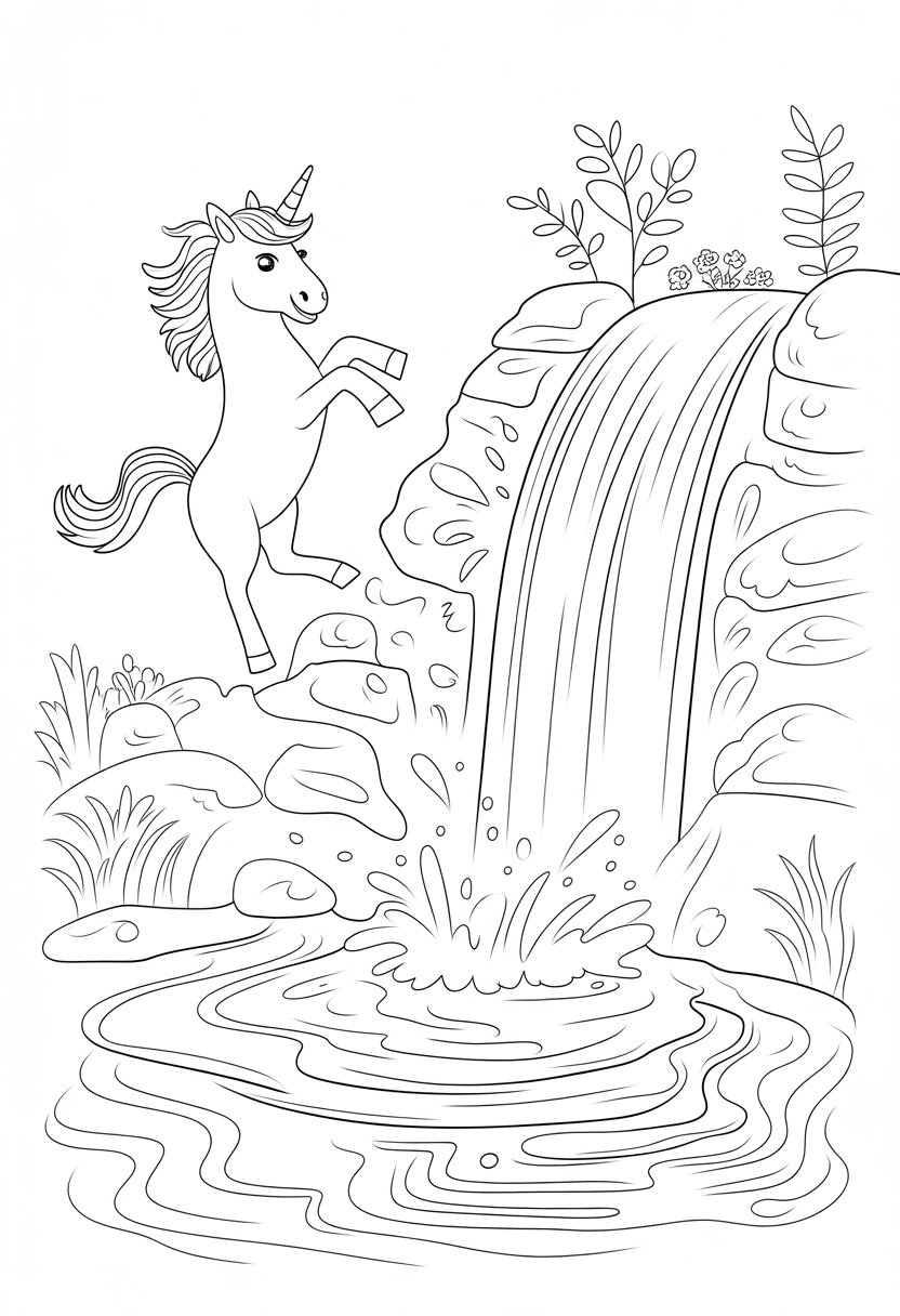 Unicorn Coloring Pages: Top 20 Creative Designs for All Ages 37 A unicorn playing near a multi-tiered waterfall surrounded by rocks, water splashes, and plants.
