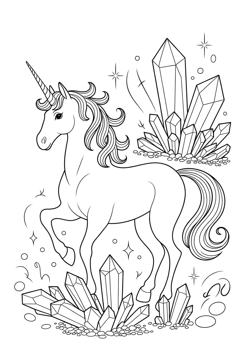 Unicorn Coloring Pages: Top 20 Creative Designs for All Ages 38 A unicorn standing among various large and small mystical crystals with stars and sparkles around it.