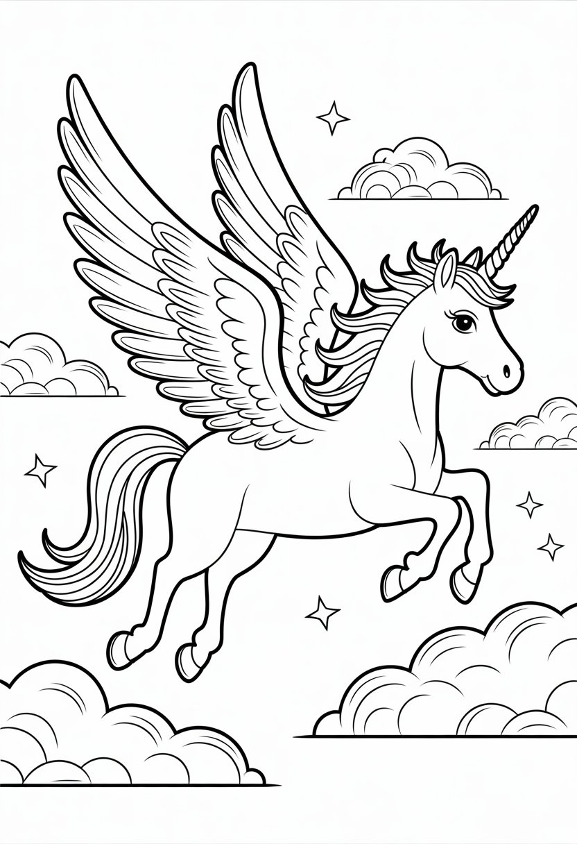 Unicorn Coloring Pages: Top 20 Creative Designs for All Ages 39 A unicorn with wings flying above clouds and stars.