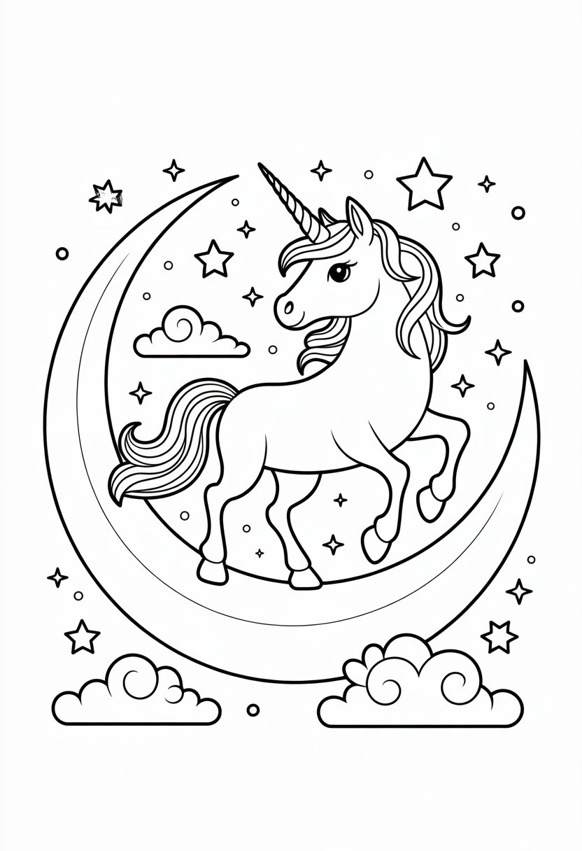Unicorn Coloring Pages: Top 20 Creative Designs for All Ages 40 A unicorn standing on a crescent moon with stars and clouds in the night sky.