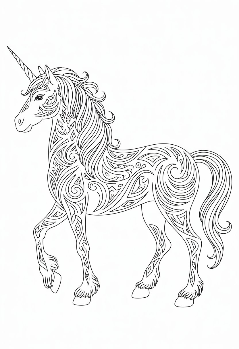 Unicorn Coloring Pages: Top 20 Creative Designs for All Ages 41 A unicorn standing with detailed tribal patterns covering its body, mane, and tail.