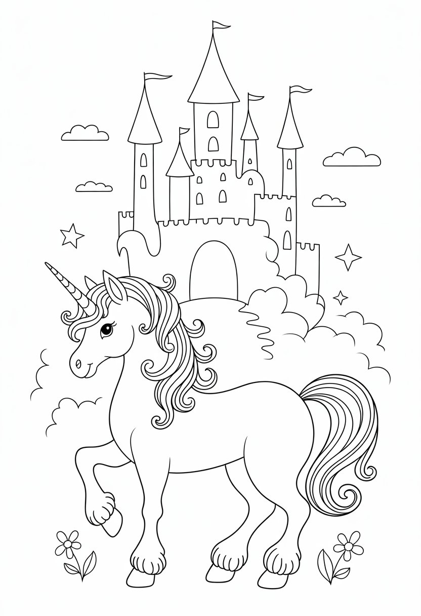 Unicorn Coloring Pages: Top 20 Creative Designs for All Ages 42 A unicorn standing in front of a large castle with tall towers and a central gate, surrounded by stars, clouds, and flowers.