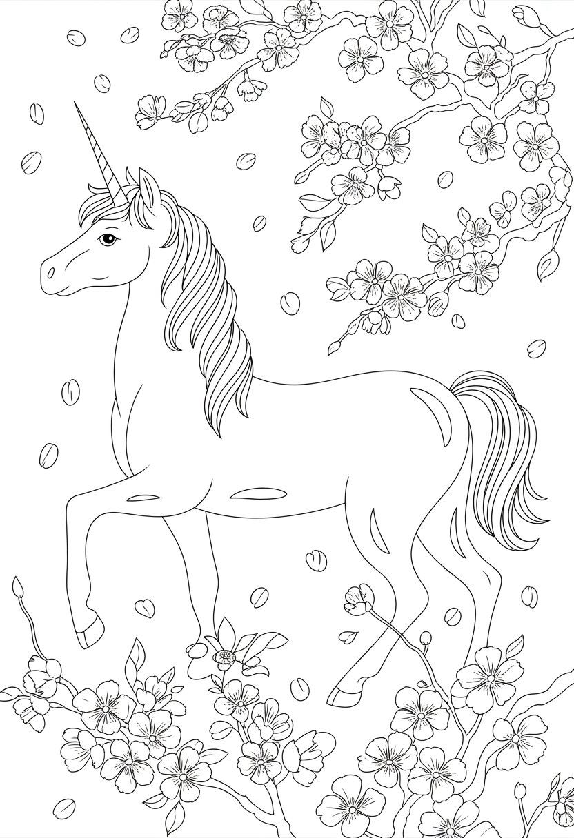 Unicorn Coloring Pages: Top 20 Creative Designs for All Ages 43 A unicorn standing among cherry blossom branches with flowers and petals around it.