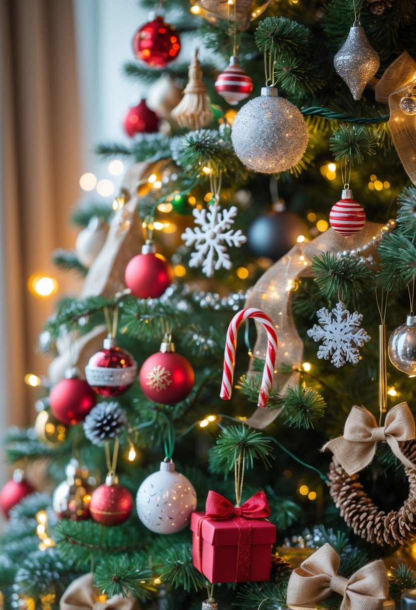 A Christmas tree decorated with a variety of colorful ornaments, lights, and festive decorations.