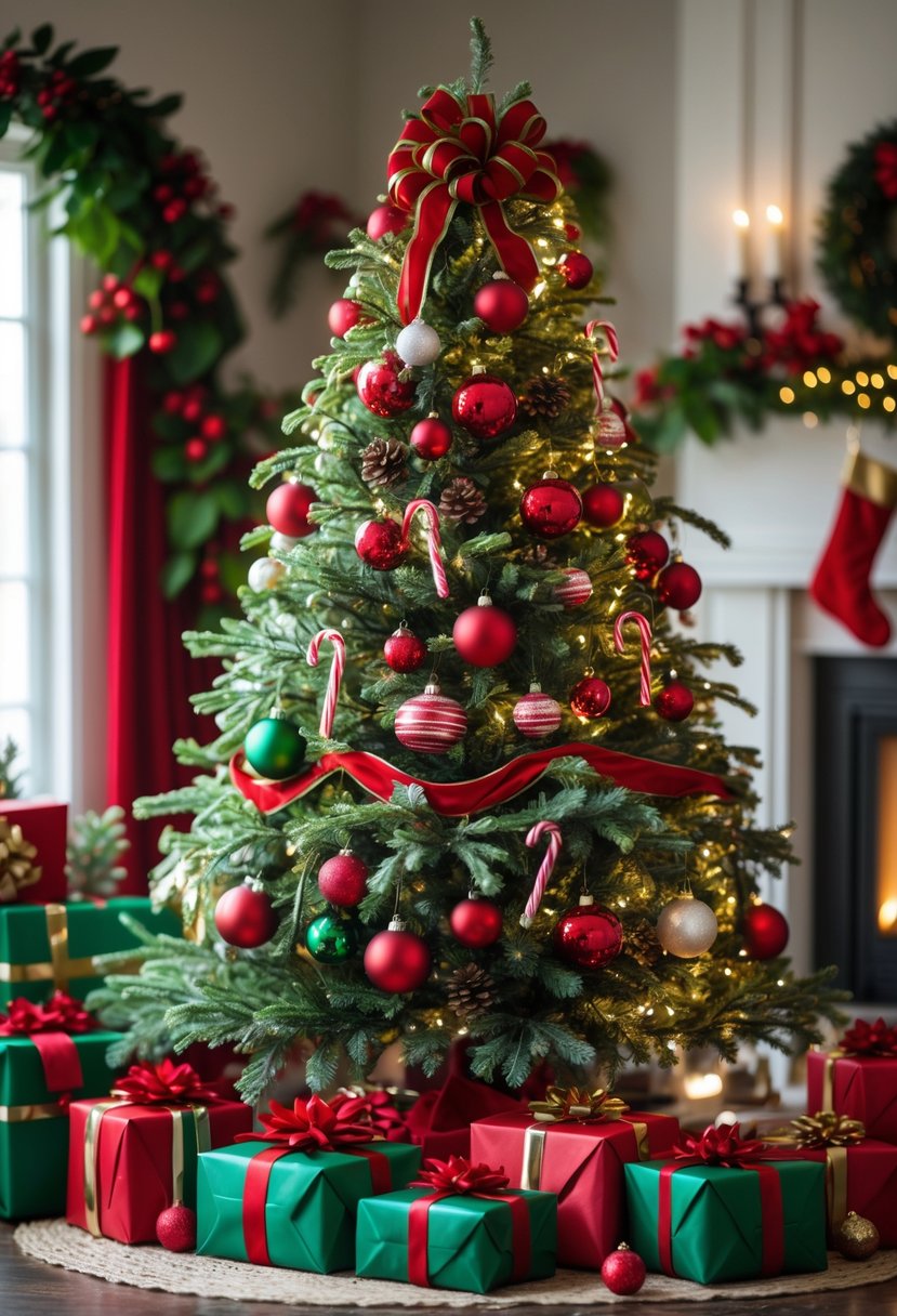 A decorated Christmas tree with red and green ornaments, lights, and wrapped presents underneath.