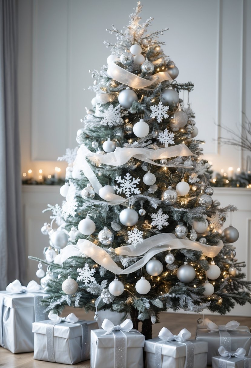 A decorated Christmas tree with silver and white ornaments and wrapped presents underneath.
